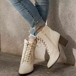 Journee collection baylor beige bone lace up stacked heel booties